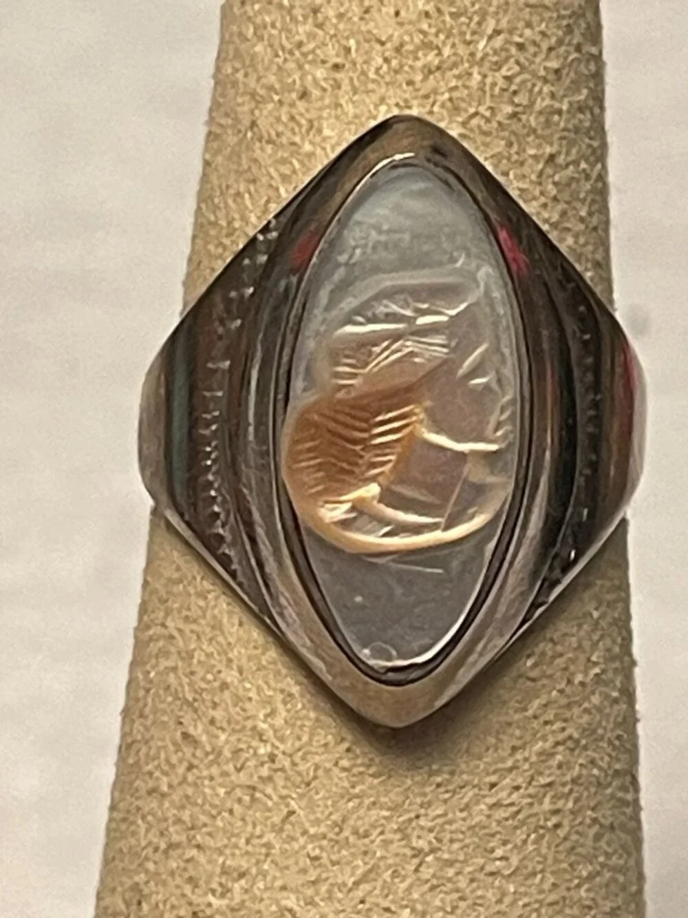 Vintage Silver Signet Ring With Carved Hardstone Intaglio Cameo Woman Right Faci